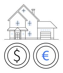 Large residential house with dollar and euro icons below, symbolizing real estate investment, mortgage, housing finance, or property value analysis. Ideal for banking, loans, real estate, economy
