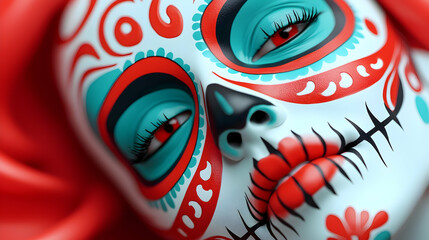 Close Up Of A Woman With Intricate Red White And Blue Sugar Skull Makeup