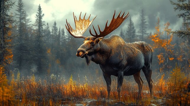 ull moose gazes into the distance, standing in the middle of a wild, forested landscape. The untouched wilderness amplifies its commanding presence 