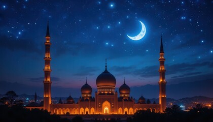 blue mosque at night istanbul turkey Eid Mubarak greeting background