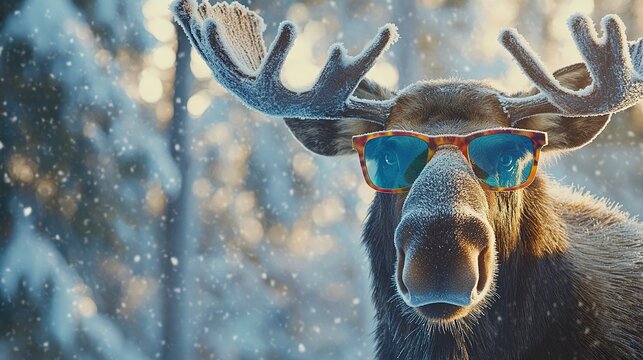 Up-close view of a bull moose sporting vibrant eyeglasses, soft winter sunlight highlights its frosty fur, snowy pine forest blurs in the background, playful and charming atmosphere.  