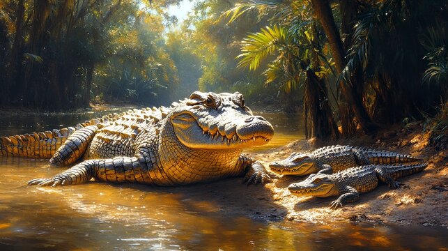 Wide angle, vivid realism. A crocodile family lounges near the river, adults basking in the sun while smaller ones cluster nearby. Dense jungle creates a vibrant backdrop 