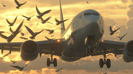 Airplane encountering a bird strike during sunset with flock of birds flying around the plane against golden sky