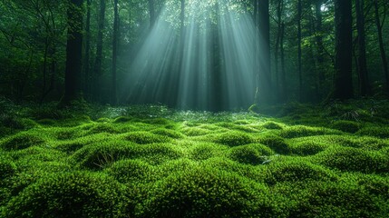 Fototapeta premium Sunbeams illuminate lush green moss carpet in a mystical forest.