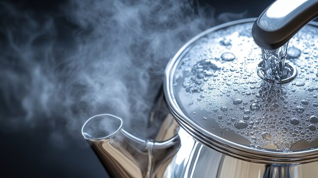 electric kettle's stainless steel body, with water boiling inside and steam rising from the spout, indicating its efficiency.