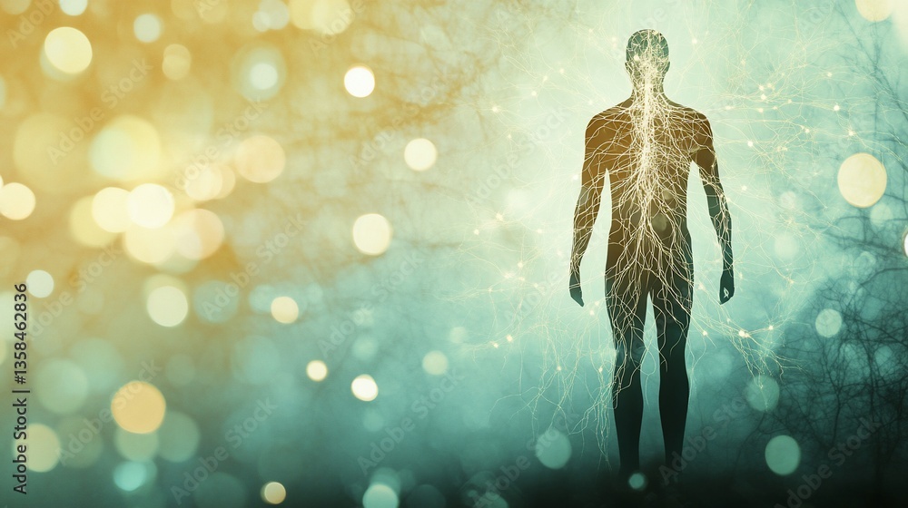 Poster human nervous system visualized with light and artistic abstract background