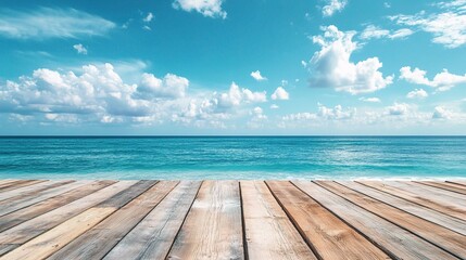 Fototapeta premium Scenic Wooden Plank Floor on Sandy Beach Under Summer Sky