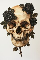 Fototapeta premium A japanese Skull with black roses painting art drawing.