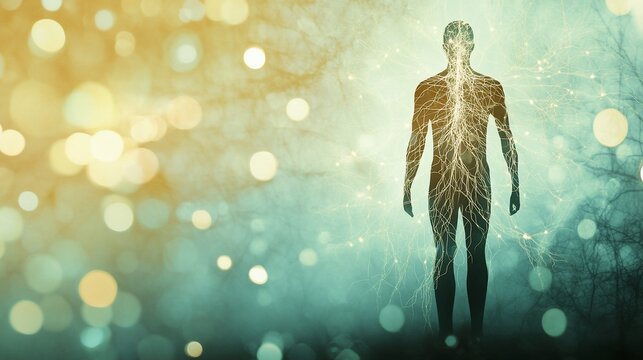 Human nervous system visualized with light and artistic abstract background