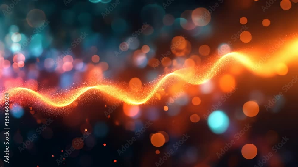 Poster vibrant abstract particle waves on a dynamic red and blue bokeh background, ideal for modern festive