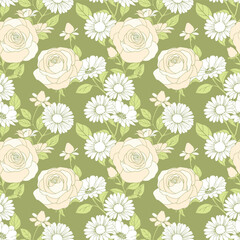 Pink roses and white daisies. Seamless pattern for decorating all fashion designs, fabrics, wallpapers and prints on a dark background.