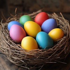 Colorful easter eggs arranged in a rustic nest