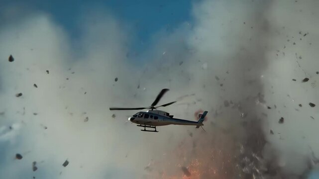 A closeup action shot captures the moment a helicopter opens fire on the fortress with streams of tracer bullets illuminating the deep blue sky as smoke billows from the impact points