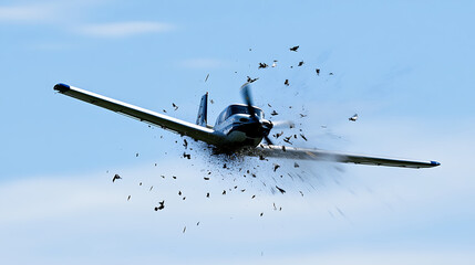 Fototapeta premium Airplane in Flight with Bird Strike Impact Blue Sky Background Showing Damage and Debris After Collision