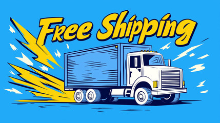 Fast Delivery Truck with Free Shipping Text in Vintage Pop Art Style on a Blue Background

