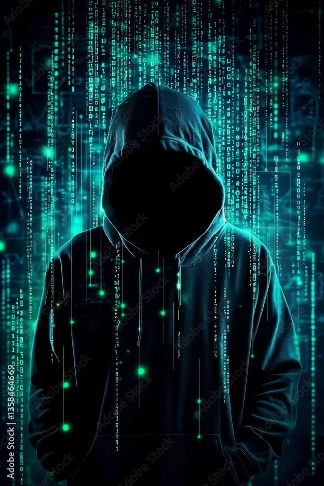 Poster mysterious hacker in a cyber landscape