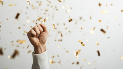 Celebration of victory hand raised in triumph indoor event confetti falling joyful atmosphere close-up perspective achievement concept