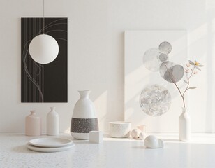Minimalist still life with geometric elements and soft colors