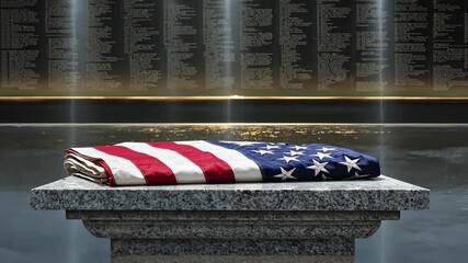 A flag draped coffin placed before a memorial wall, paying respect to a fallen hero