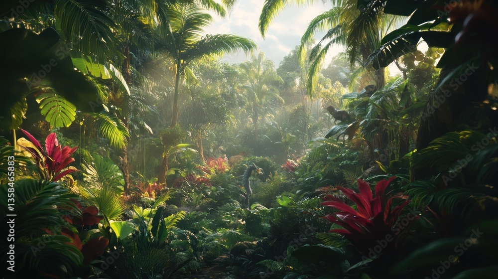 Poster lush tropical rainforest scene with vibrant foliage, sunlight filtering through canopy, creating mys