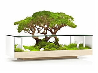 Obraz premium Coffee table with a built-in terrarium, featuring miniature bonsai trees inside, nature meets modern design 