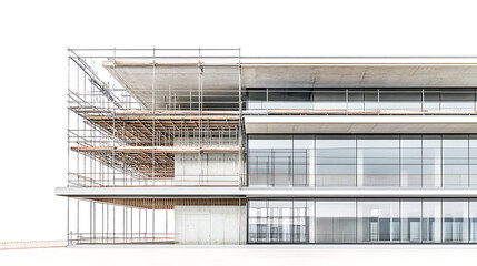 Architectural Construction Site Showing Concrete And Glass Structure With Partially Built Scaffolding And White Background