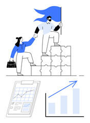 Two professionals collaborate atop puzzle steps, symbolizing growth. Blue flag, clipboard graphs, rising bar chart. Ideal for leadership, teamwork, strategy, business achievement progress flat