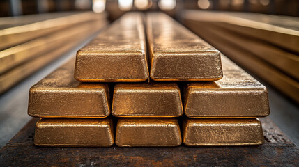 Shiny new blank pure bronze bars arranged in perfect alignment, symbolizing wealth, stability, and durability. The polished surface reflects prosperity and the timeless value of precious metals.

