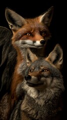Obraz premium Artistic Portrait of Fox and Coyote Facing Forward with Dark Background, Wildlife Close Up