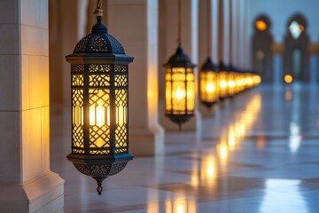 Elegant Lanterns Illuminating Architectural Columns in a Hallway