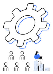 Gear six profile icons, woman sitting on bar graph with laptop. Ideal for teamwork, productivity, organization, analytics, efficiency, management, and strategy concepts. Line metaphor