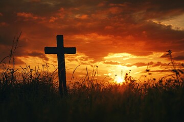 Silhouette of Jesus christ crucifix on cross over heaven sunset concept for catholic religion, christian worship, Christmas, happy Easter Day, Thanksgiving prayer and praise good friday, bible