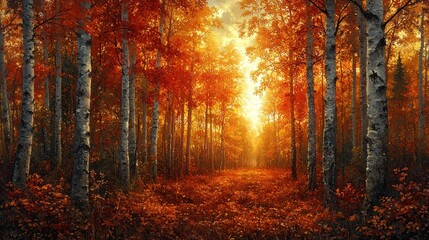 Fototapeta premium Sunlit autumn path through vibrant red and orange birch forest.