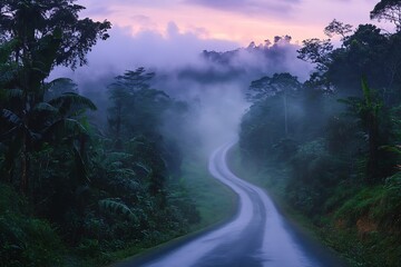 An empty road leading through a dense misty forest just before dawn.