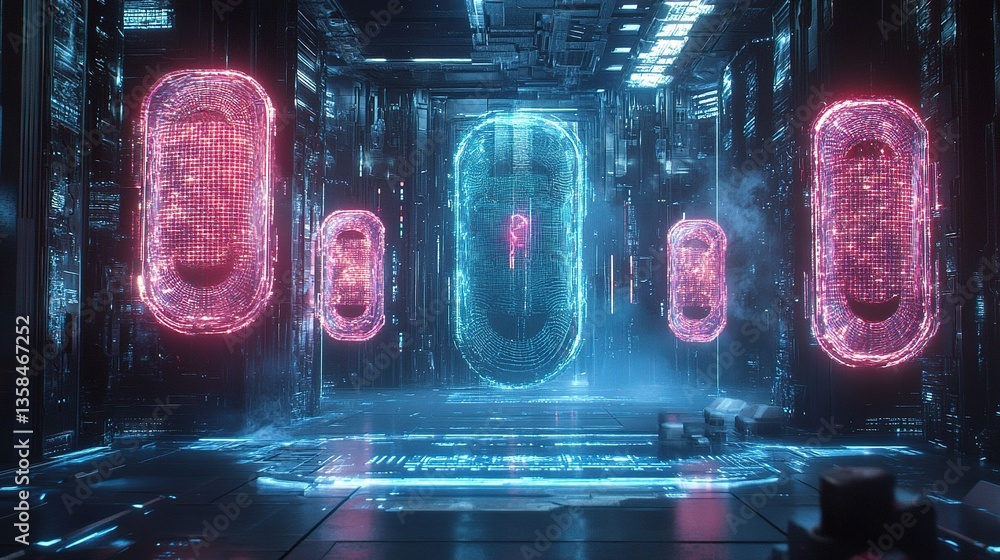 Poster futuristic biometric authentication system with holographic elements