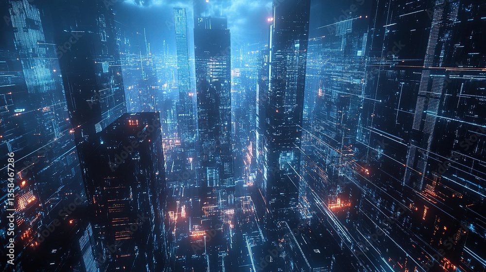 Poster abstract tech city with glowing data grid and futuristic skyline