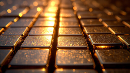 Shiny new blank pure bronze bars arranged in perfect alignment, symbolizing wealth, stability, and durability. The polished surface reflects prosperity and the timeless value of precious metals.

