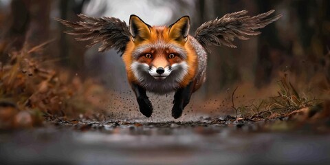 Fototapeta premium Flying Fox with Wings Leaping Through a Forest, Animal Fantasy Wildlife Scene