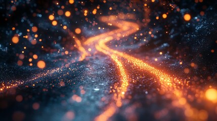 Abstract Glowing Particle Stream on Dark Background with Bokeh Lights