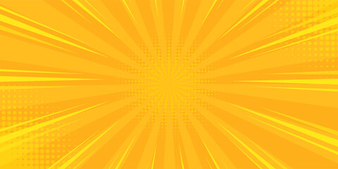 Fototapeta premium Pop art yellow comics book cartoon magazine cover. Cartoon funny retro pattern strip mock up. Vector halftone illustration. Vintage backdrop for comic superhero text, speech bubble, message.