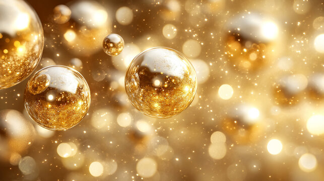 Silver and gold exosome particles inside transparent spheres, symbolizing biotechnology in cosmetology and trichology, with blurred light tones highlighting modern chaos and scientific innovation.

