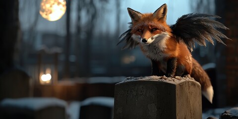 Mystical Fox with Wings Perched on Tombstone under Full Moon Cemetery Scene