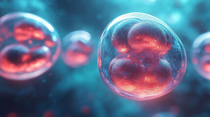 Fototapeta premium Silver and gold exosome particles inside transparent spheres, symbolizing biotechnology in cosmetology and trichology, with blurred light tones highlighting modern chaos and scientific innovation.