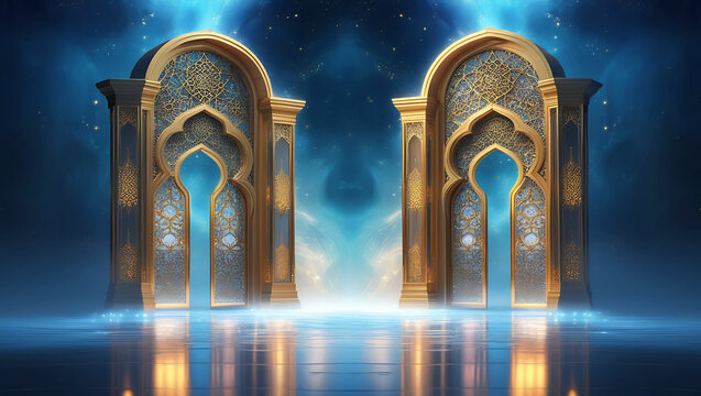 Ornate golden archways stand on a reflective surface against a blue celestial backdrop with light beams