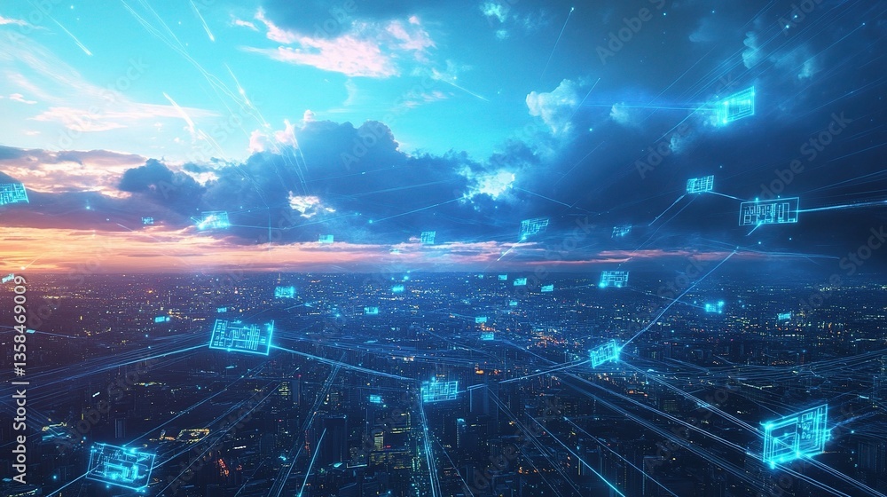 Poster futuristic digital technology scene with illuminated clouds and data flow