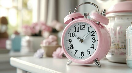 Pink alarm clock on white table with blurred pastel background.