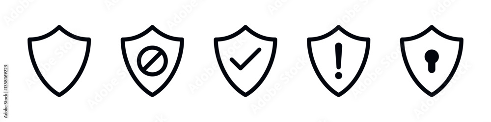 Poster Shield check mark icon or security shield protection icons with tick symbol. Shield exclamation mark icon. shield warning or attention. risk alert line icon vector shield blocked icon