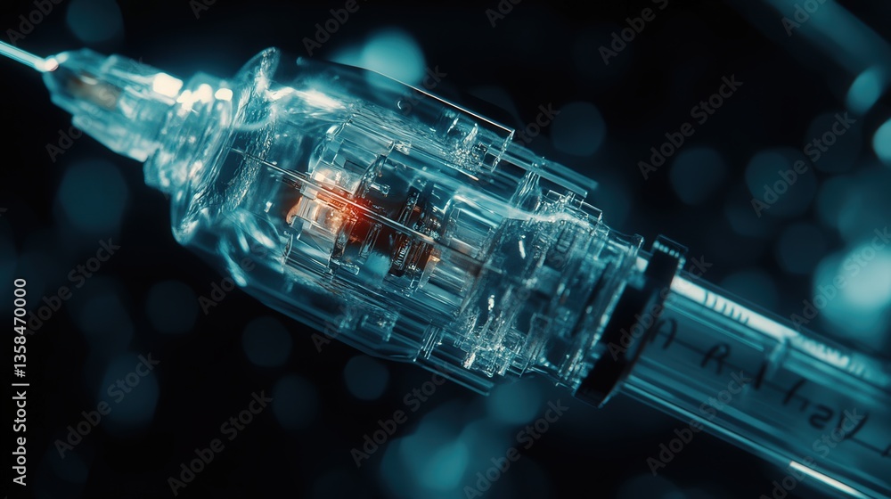 Poster syringe intricate mechanism, highlighting the precision and transparency of the design.