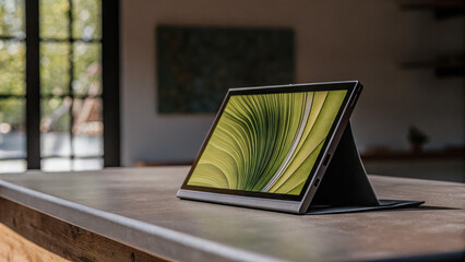Sleek portable monitor on minimalist desk displaying vibrant abstract design, modern workspace technology and digital creativity concept.