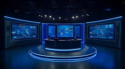 Fototapeta premium Blue Lit Modern News Stage Interior With Large Screens And Round Platform
